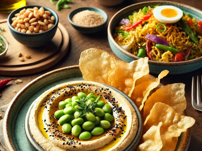 La Fusión Perfecta: Hummus de Edamame con Chips de Papel y Arroz Chaufa